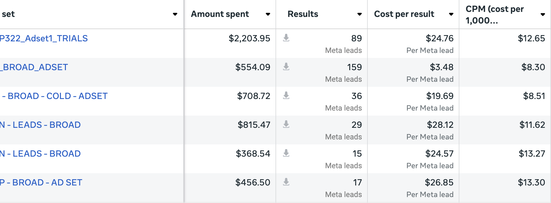 Meta ad account results